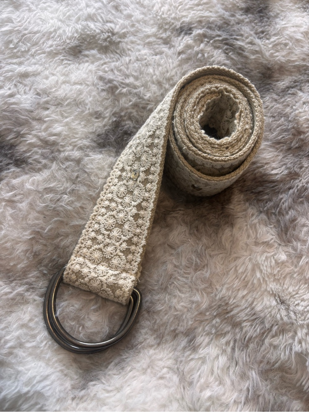 Cream Crochet Fabric Belt with Double Ring Buckle